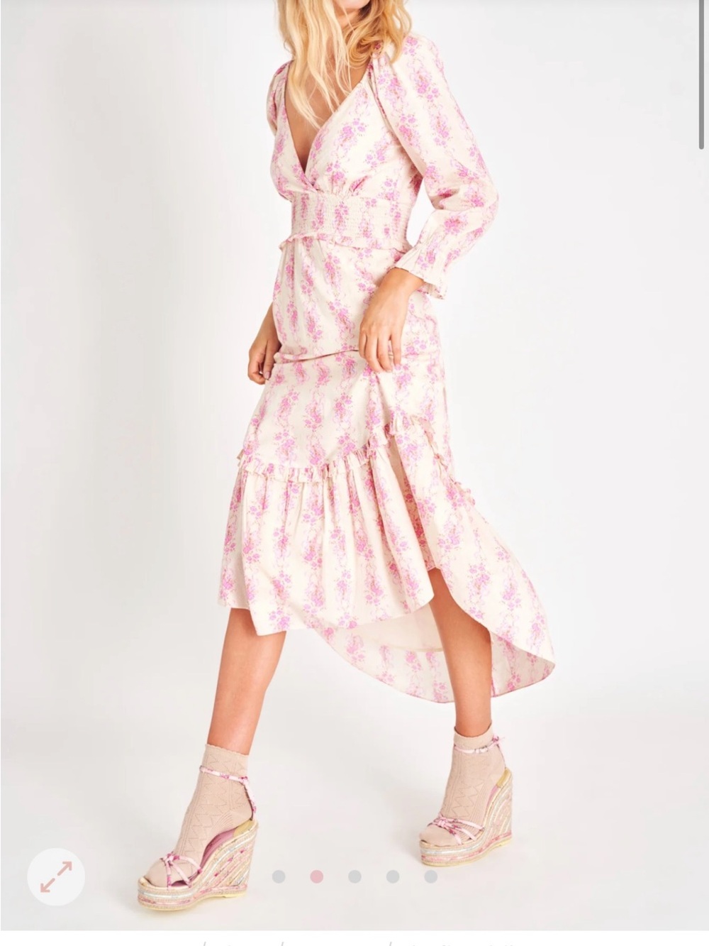 LoveShackFancy Firefly Cream & Pink Floral Smocked Waist Maxi Dress, Sz L, EUC!